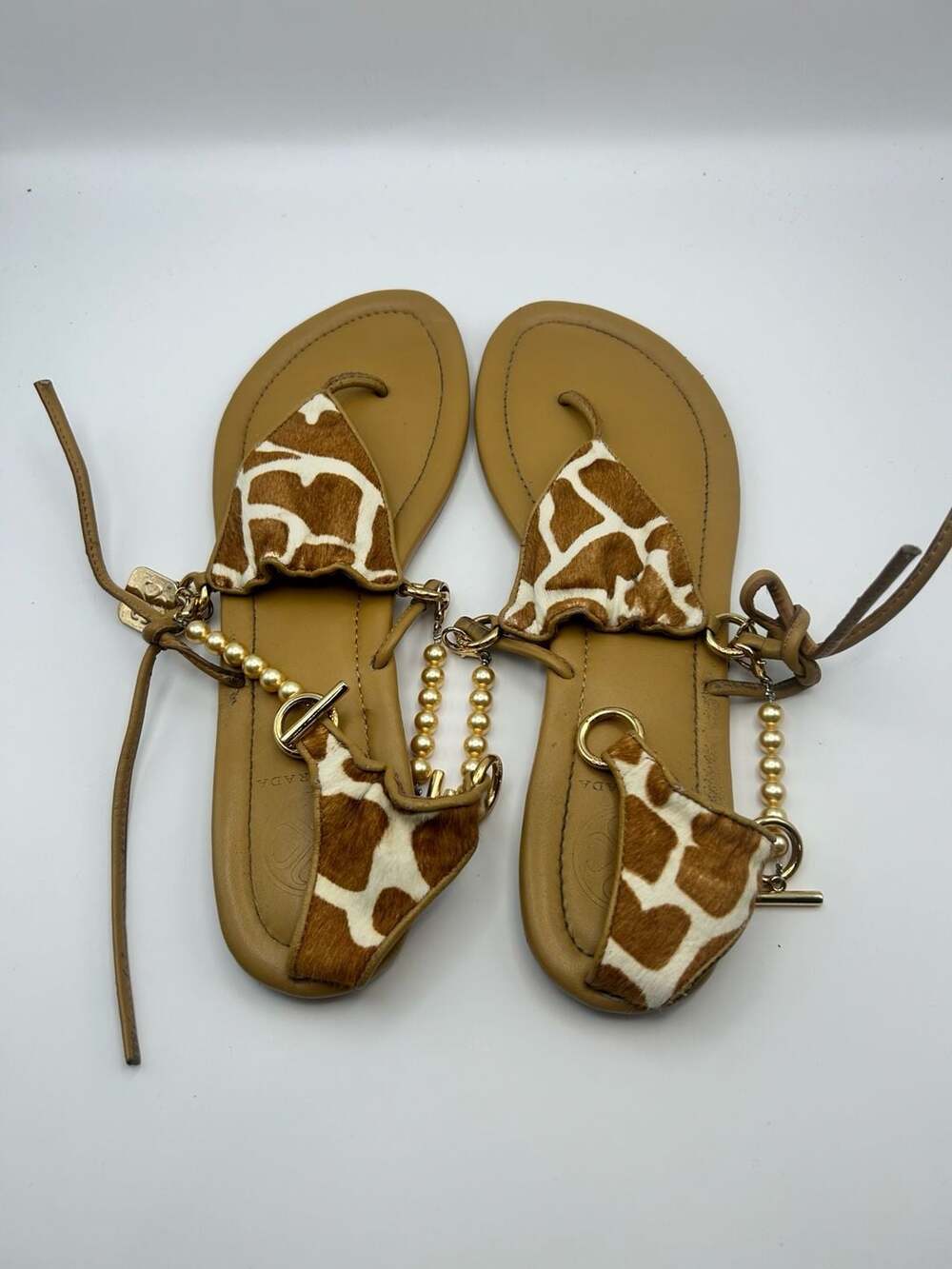 Luxtrada Cici Safari Bikini Sandal Giraffe Print Pearl Charm Thong Sandals